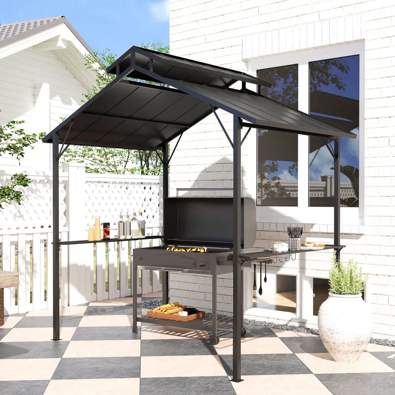 Outsunny 8 x 5ft Hardtop Grill Gazebo with Double Metal Roof, 2 Side Shelves and 10 Hooks for Patio Backyard Lawn Deck