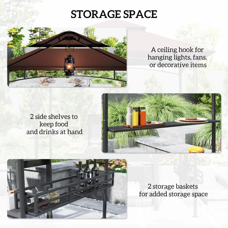 Outsunny 8' x 5' BBQ Grill Gazebo, 2-Tier Outdoor BBQ Gazebo with 2 Side Shelves, Storage Baskets, Ceiling Hook, Dark Brown