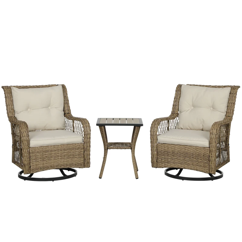 Outsunny 3 Piece Outdoor Bistro Set, Wicker Small Patio Furniture Set with Swivel Glider Chairs for Balcony, Porch, Beige