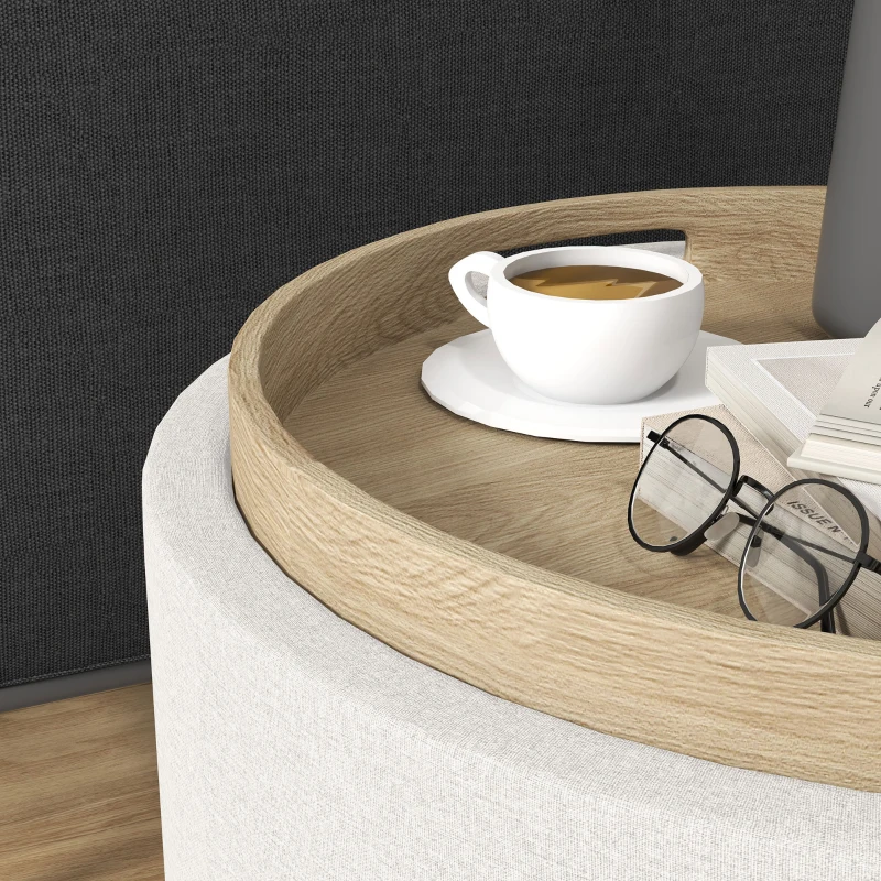 HOMCOM Round Storage Ottoman Coffee Table with Flip Top Tray, Linen Fabric Upholstered Footstool with Hidden Compartment