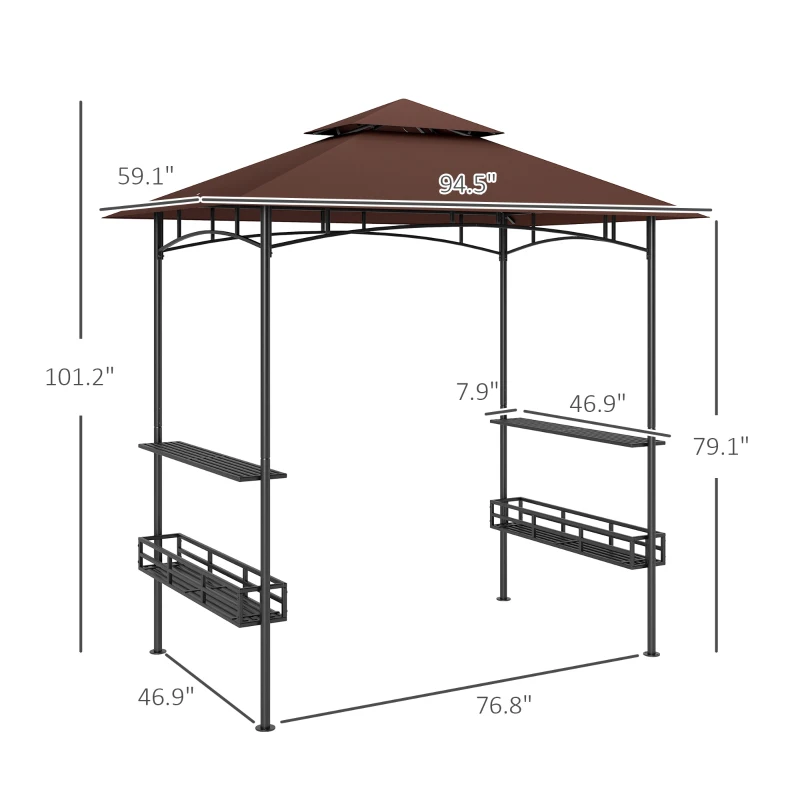 Outsunny 8' x 5' BBQ Grill Gazebo, 2-Tier Outdoor BBQ Gazebo with 2 Side Shelves, Storage Baskets, Ceiling Hook, Dark Brown