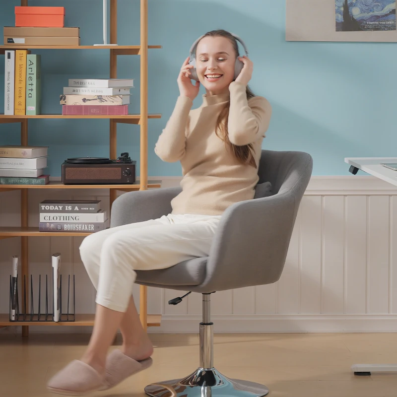 HOMCOM Leisure Chair with Metal Base, Modern Swivel Linen Midback Sofa Chair with Lumbar Support, for Living Room Bedroom Office, Grey