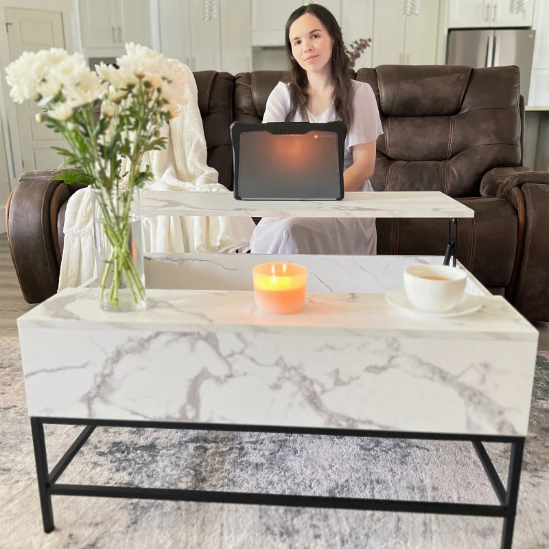 HOMCOM Modern Lift Top Coffee Table with Hidden Storage Compartment and Metal Legs, for Living Room, Home Office, White