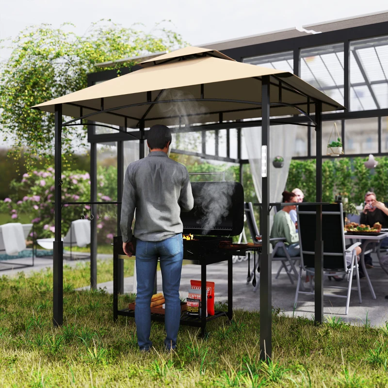 Outsunny 8' x 5' Outdoor Grill Gazebo, Barbecue Gazebo Shelter with LED Light, 2 Side Shelves, Hooks, Bottle Opener, Dark Brown
