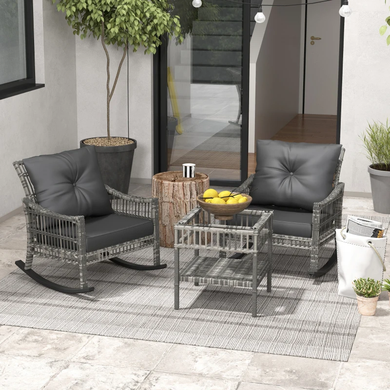 Outsunny 3 Piece Outdoor PE Rattan Rocker Chair Set, Rocking Chair with Tempered Glass Table Top, Gray