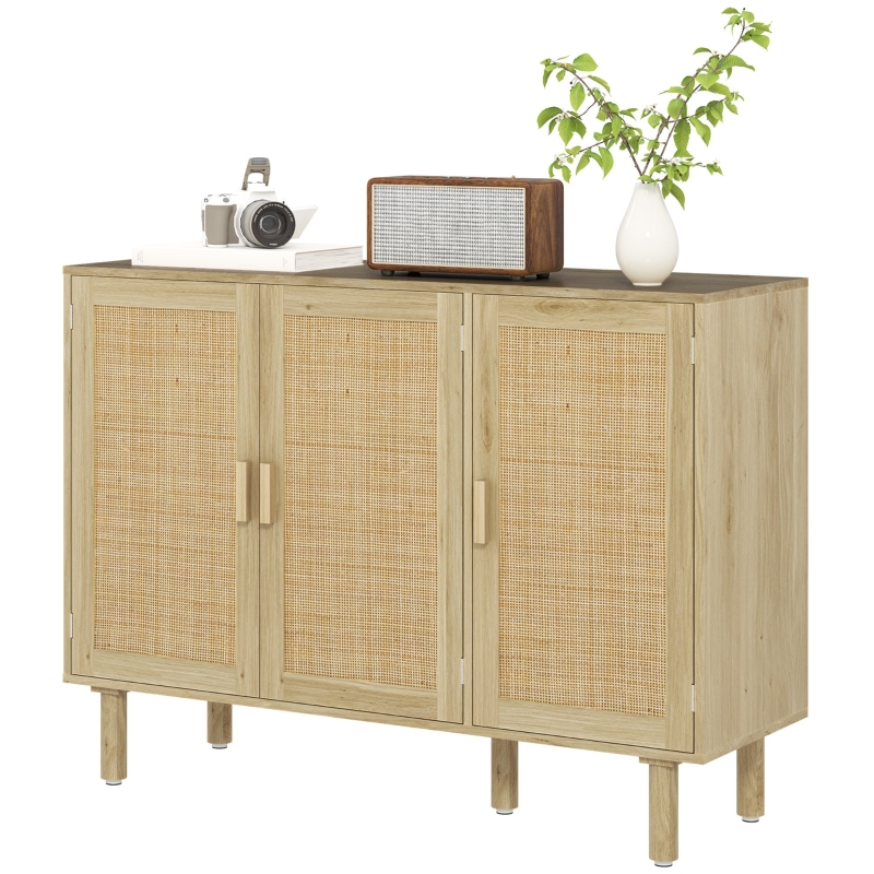 HOMCOM Bohemian Sideboard, 46.9" Buffet Cabinet with 3 Rattan Doors and Shelves for Living Room, Hallway, Natural