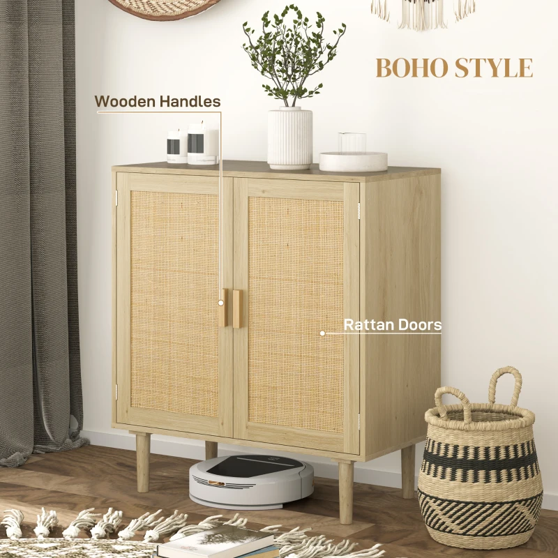HOMCOM Bohemian Sideboard, 31.5" Buffet Cabinet with 2 Rattan Doors and Shelves for Living Room, Hallway, Natural