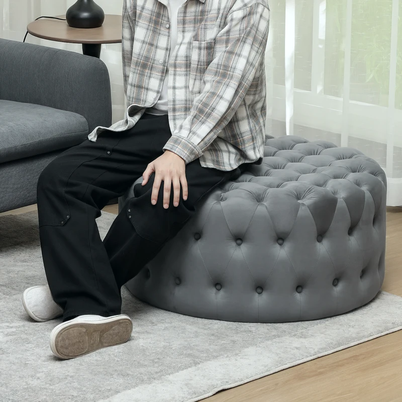 HOMCOM Round Ottoman Coffee Table with Velvet-feel Upholstery, Button Tufted Design and Padded Seat, Dark Gray