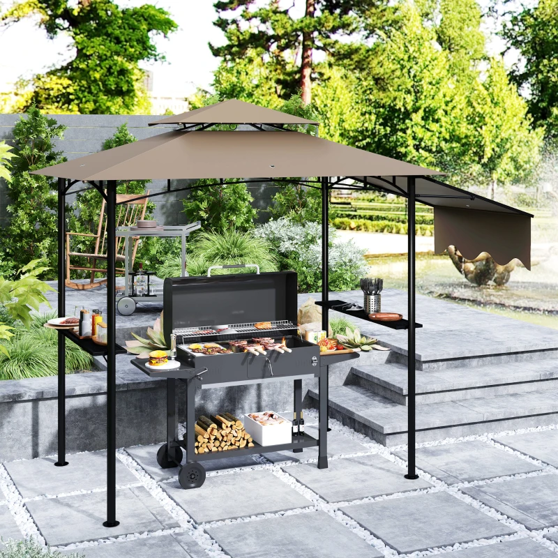 Outsunny 8' x 5' Outdoor Grill Gazebo, Barbecue Gazebo Shelter with Side Awning, 2 Side Shelves and 6 Hooks, Brown