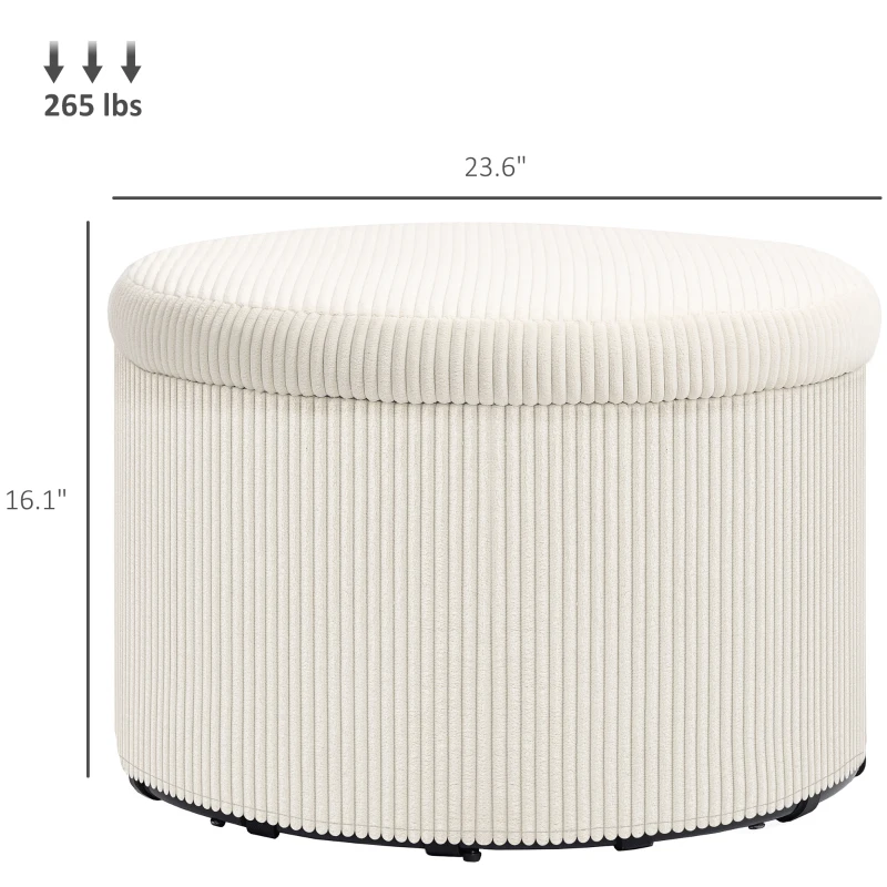 HOMCOM 24 Inches Round Storage Ottoman Stool with Lid, Upholstered Corduroy Foot Rest for Living Room, Bedroom, Beige