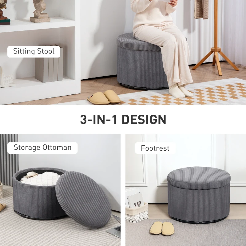HOMCOM 24 Inches Round Storage Ottoman Stool with Lid, Upholstered Corduroy Foot Rest for Living Room, Bedroom, Gray