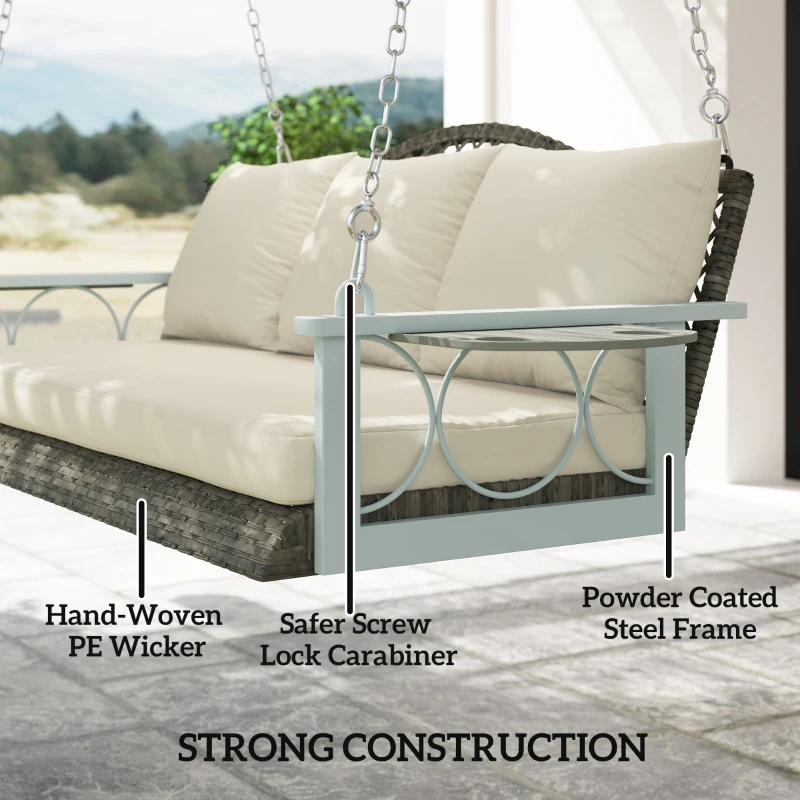 Outsunny 3 Person Wicker Hanging Outdoor Patio Porch Swing Bench with Cup Holders, Cushions, and Chains, Natural