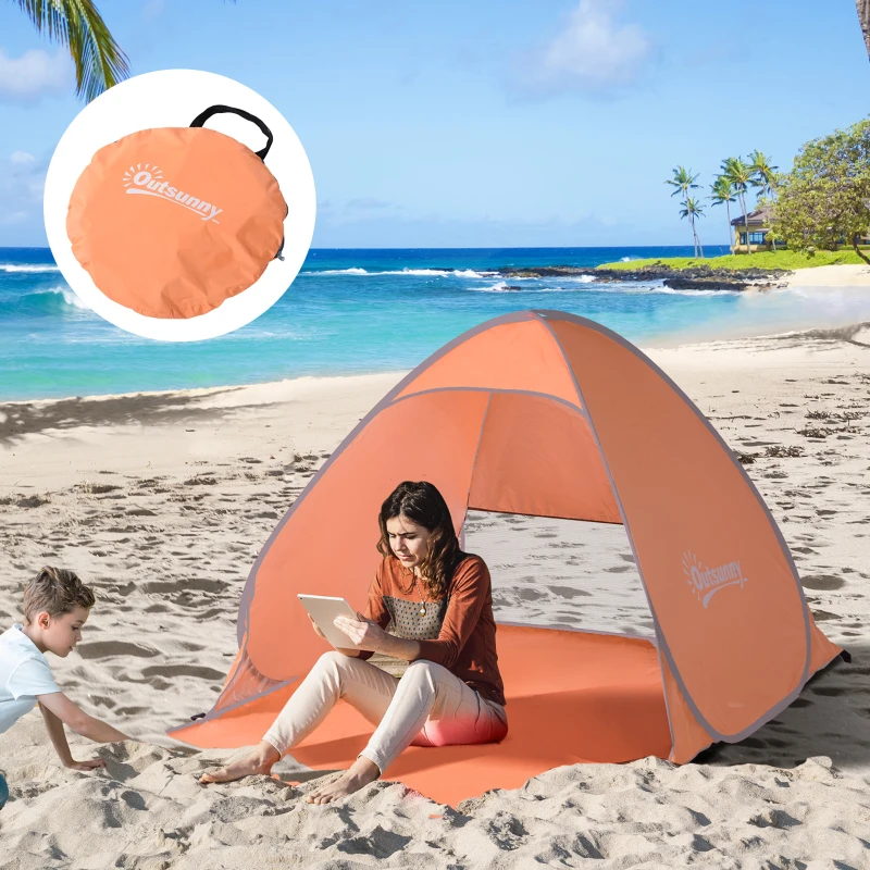 Outsunny Pop Up Beach Tent Portable Sun Shelter UV Protection Outdoor Patio with Carry Case & Stakes Orange