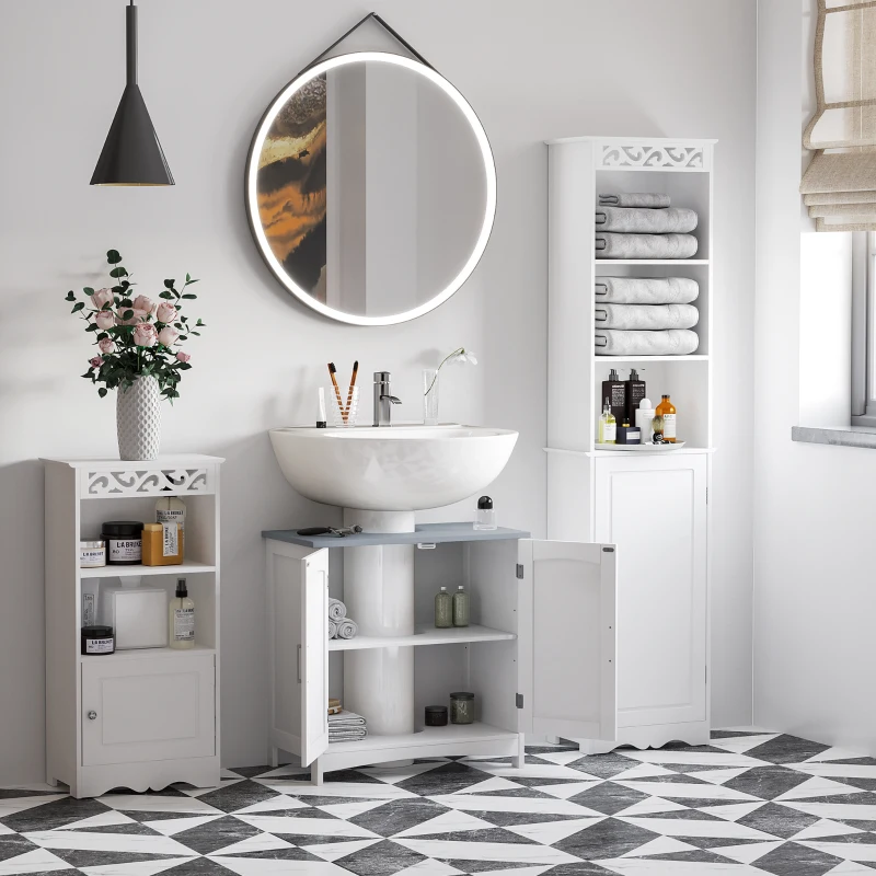 kleankin Pedestal Sink Storage Cabinet, Under Sink Cabinet with Double Doors, Modern Bathroom Vanity Cabinet with Adjustable Shelves, White