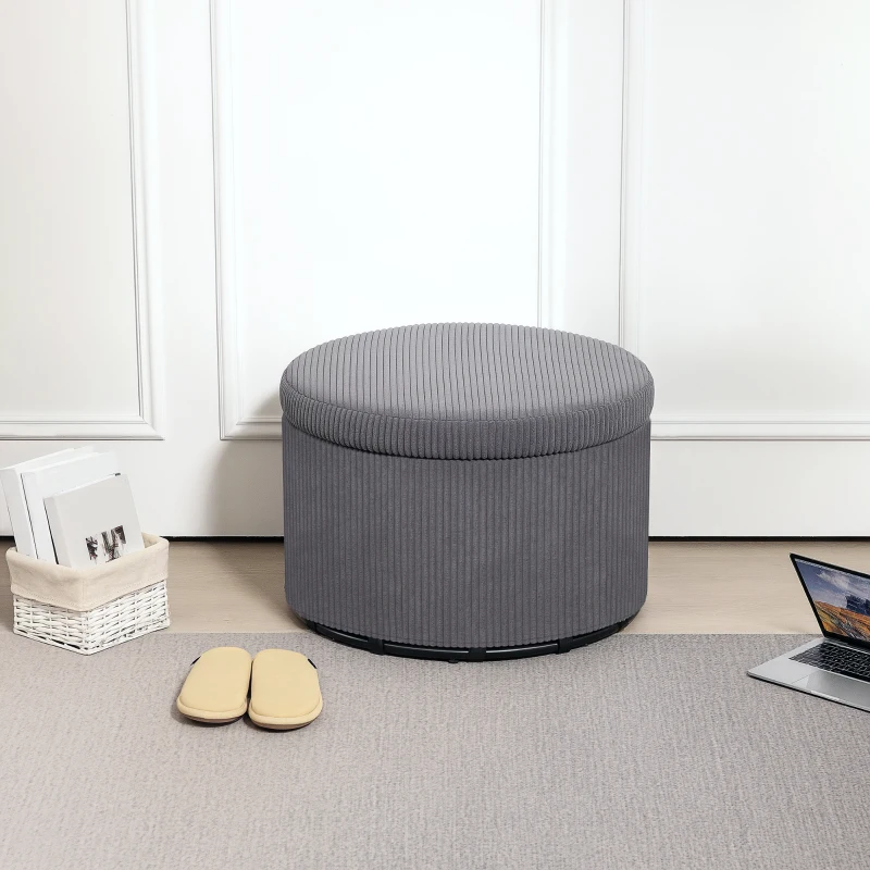 HOMCOM 24 Inches Round Storage Ottoman Stool with Lid, Upholstered Corduroy Foot Rest for Living Room, Bedroom, Gray