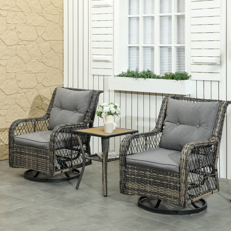 Outsunny 3 Piece Outdoor Bistro Set, Wicker Small Patio Furniture Set with Swivel Glider Chairs for Balcony, Porch, Gray