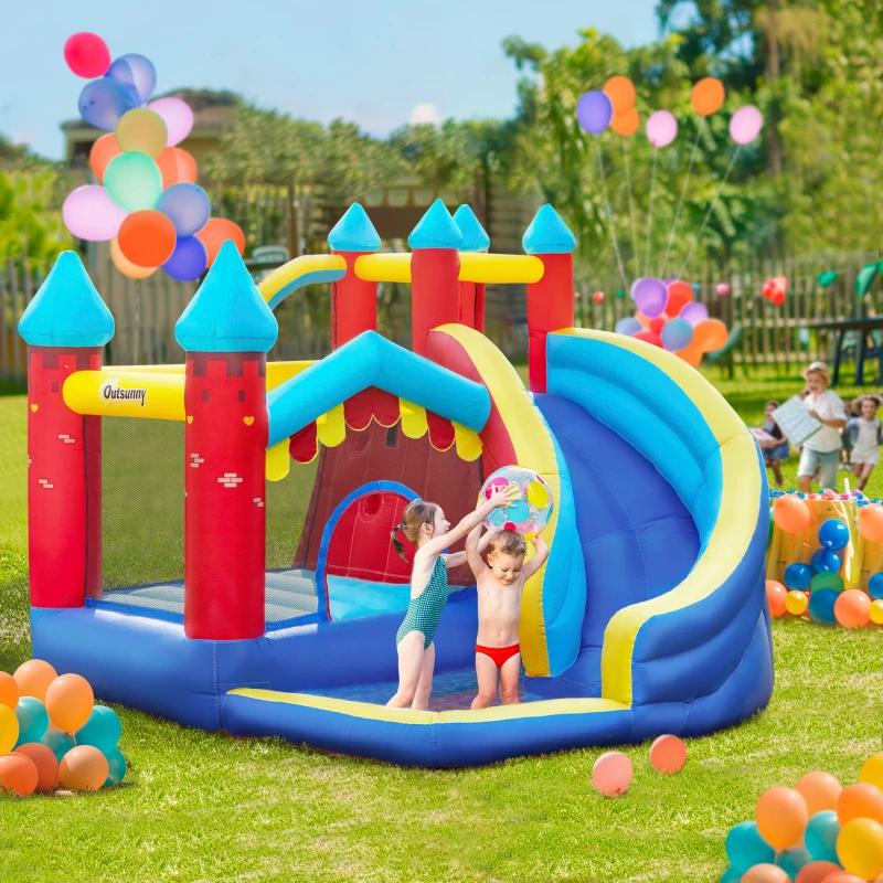 Outsunny 4 in 1 Inflatable Bounce House Kids Bounce Castle Include Trampoline, Slide, Water Pool, Climbing Wall with Carrybag, Repair Patches, without Air Blower