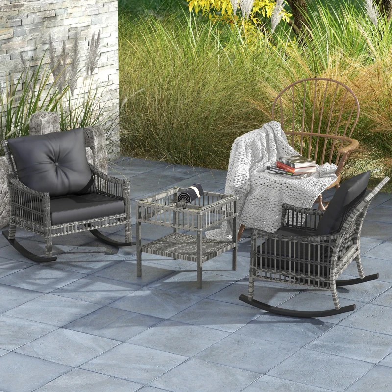 Outsunny 3 Piece Outdoor PE Rattan Rocker Chair Set, Rocking Chair with Tempered Glass Table Top, Gray