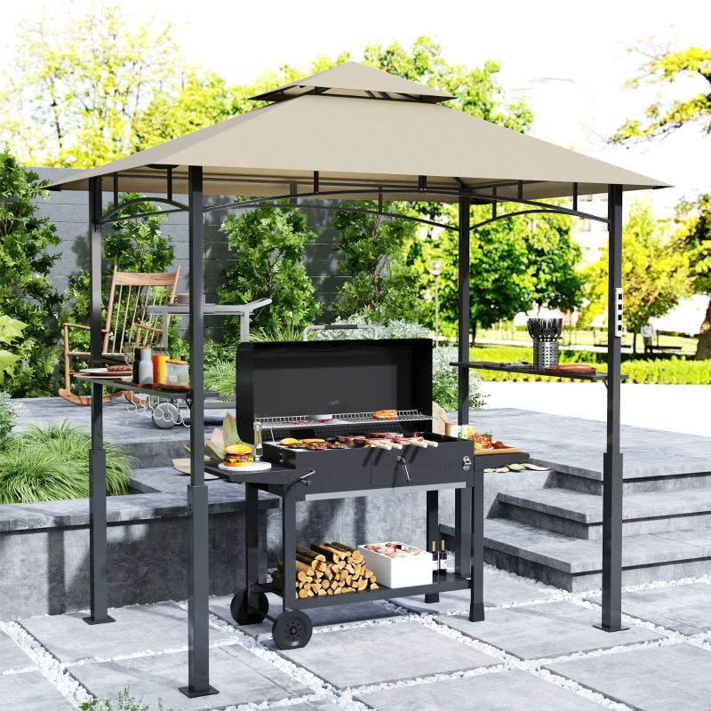 Outsunny 8' x 5' Outdoor Grill Gazebo, Barbecue Gazebo Shelter with LED Light, 2 Side Shelves, Hooks, Bottle Opener, Khaki