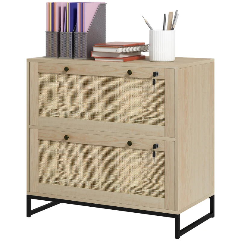 Vinsetto 2-Drawer Filing Cabinet with Lock, Rattan File Cabinet with Adjustable Hanging Bar, Natural