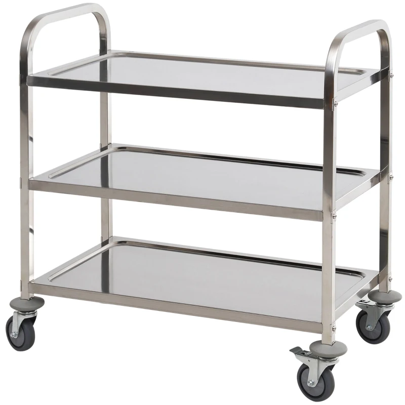 HOMCOM 33" 3-Tier Kitchen Trolley Medical Treatment Laboratory Equipment Carts, Stainless Steel Rolling Kitchen Island, Wheeled Storage Utility Serving Cart, 330LBS Heavy Gauge