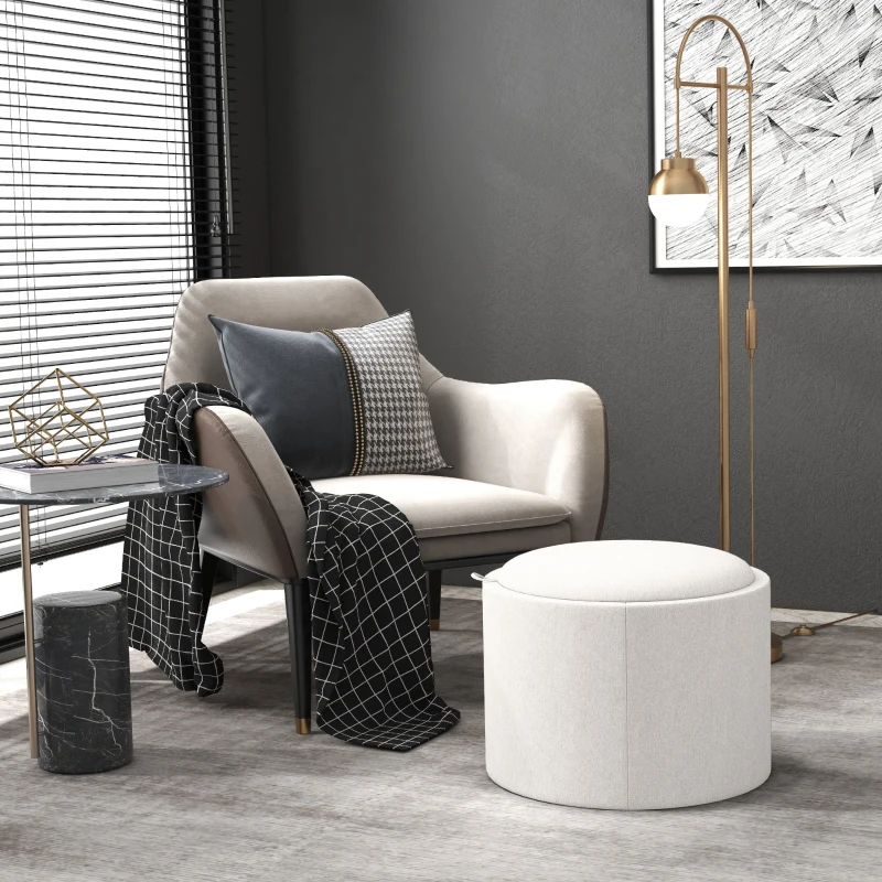 HOMCOM Round Storage Ottoman Coffee Table with Flip Top Tray, Linen Fabric Upholstered Footstool with Hidden Compartment