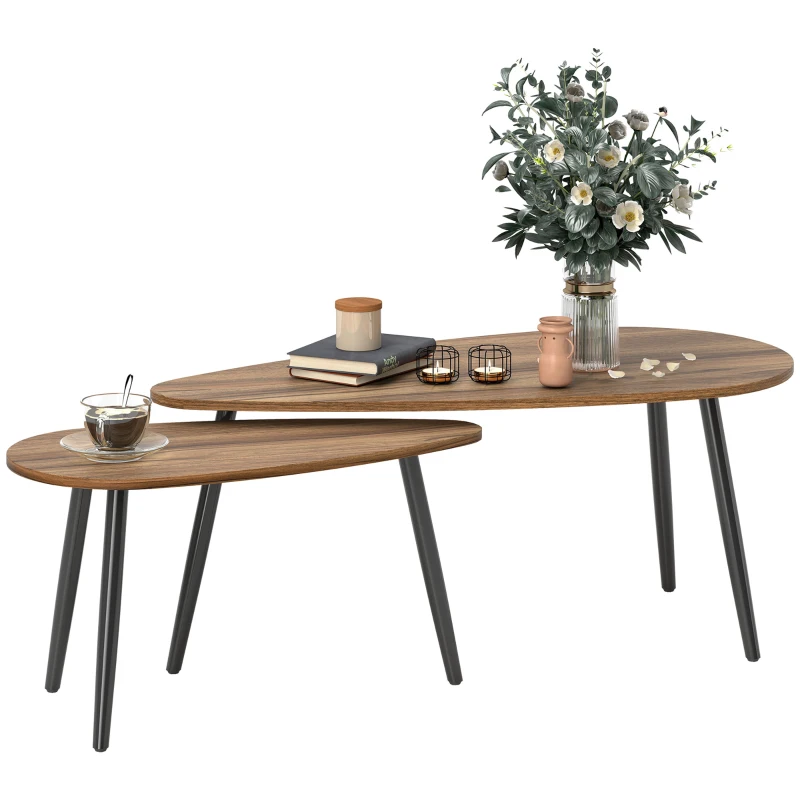 HOMCOM 2 Pieces Coffee Table Set for Living Room, Industrial Nest of Tables with Steel Legs, Brown
