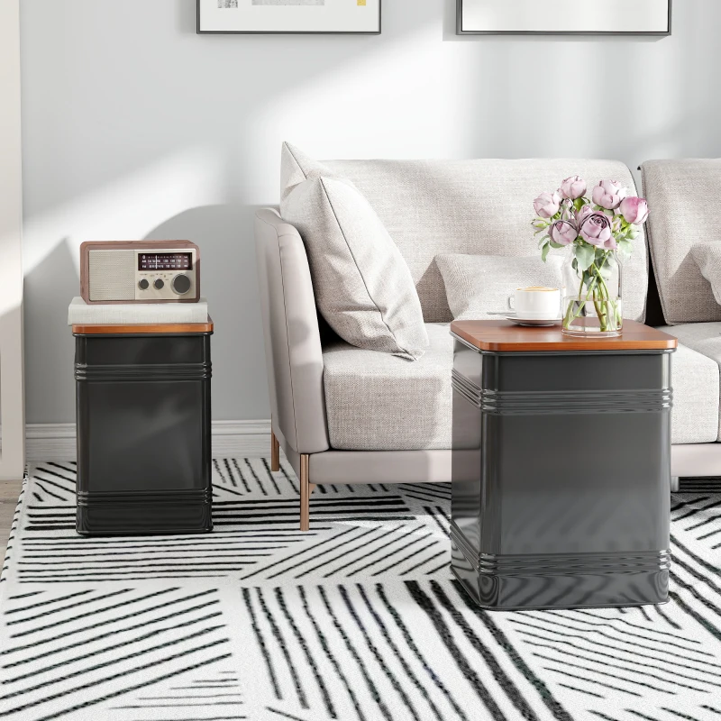 HOMCOM Ottoman with Storage Set of 2, Industrial Nesting Ottoman Stool with Removable Lid, Metal Frame for Living Room, Black