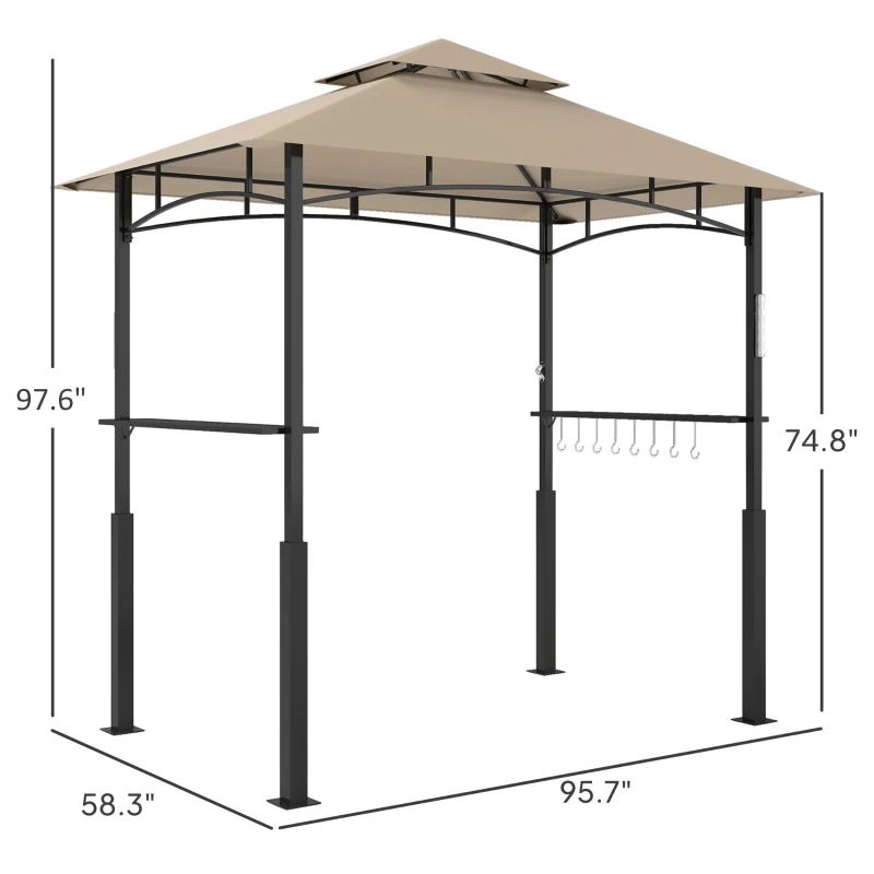 Outsunny 8' x 5' Outdoor Grill Gazebo, Barbecue Gazebo Shelter with LED Light, 2 Side Shelves, Hooks, Bottle Opener, Khaki