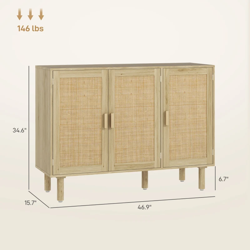 HOMCOM Bohemian Sideboard, 46.9" Buffet Cabinet with 3 Rattan Doors and Shelves for Living Room, Hallway, Natural