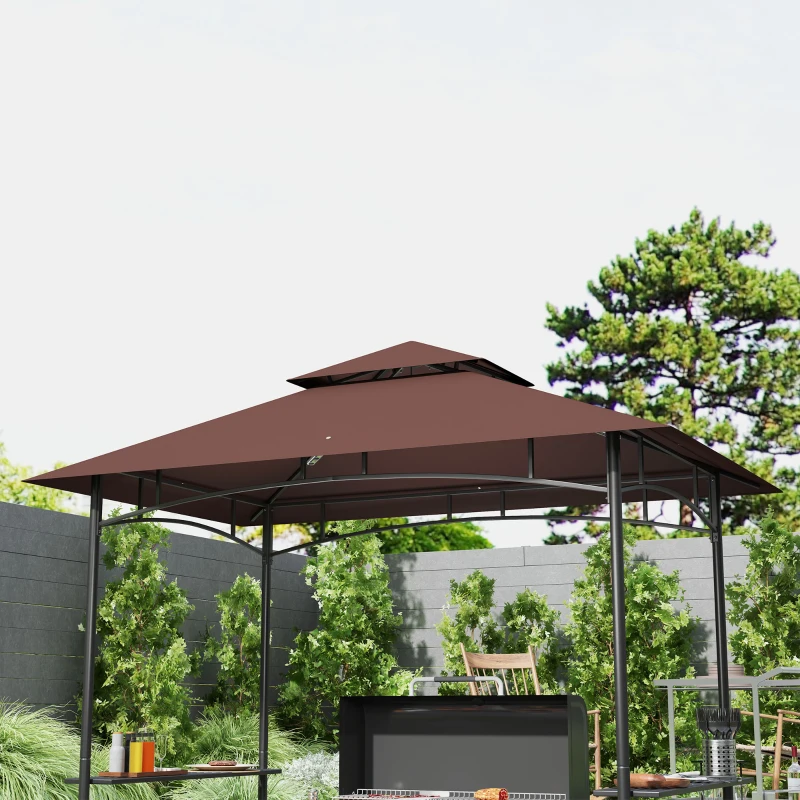 Outsunny 8' x 5' BBQ Grill Gazebo, 2-Tier Outdoor BBQ Gazebo with 2 Side Shelves, Storage Baskets, Ceiling Hook, Dark Brown
