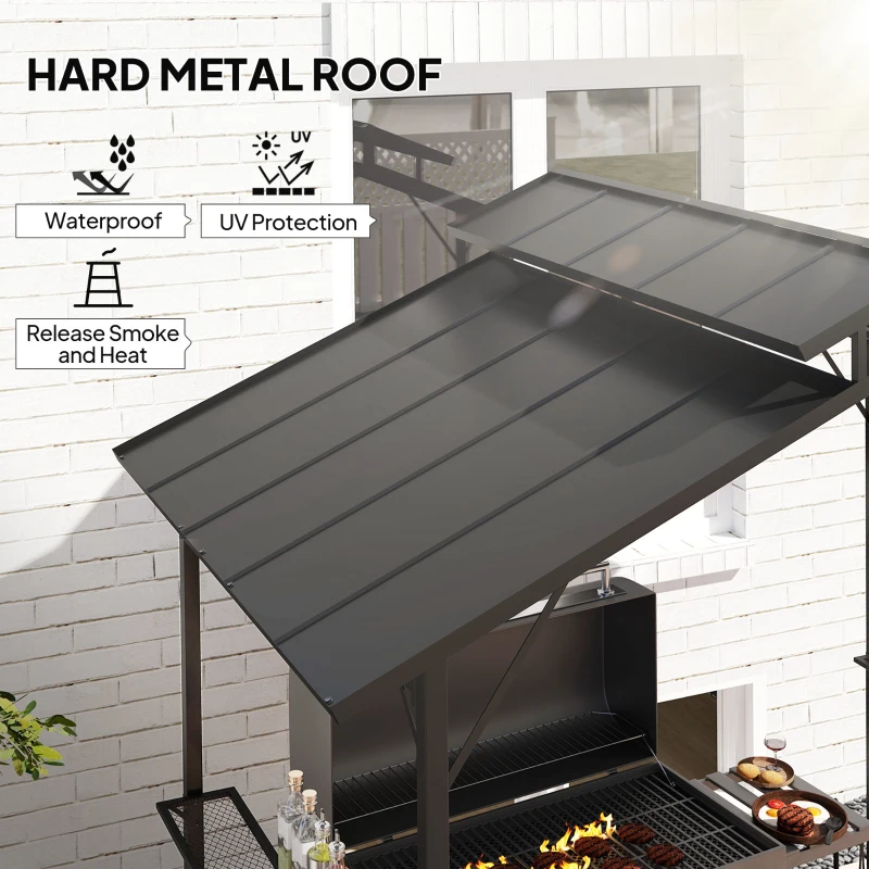 Outsunny 8 x 5ft Hardtop Grill Gazebo with Double Metal Roof, 2 Side Shelves and 10 Hooks for Patio Backyard Lawn Deck