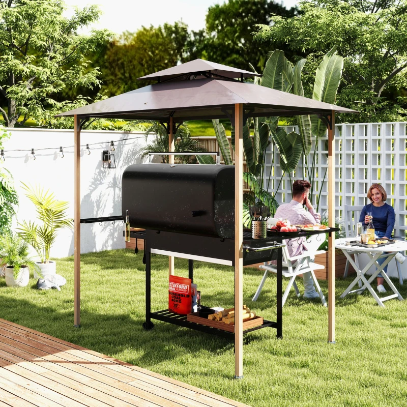 Outsunny 8' x 5' Grill Gazebo, Double Tiered Barbecue Grill Gazebo Shelter with 2 Side Shelves and 10 Hooks for Patio, Garden