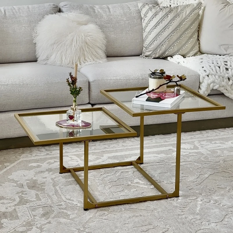 HOMCOM Coffee Table, Tempered Glass Coffee Table with 2 Square Tabletops, Modern Coffee Tables for Living Room, Bedroom, Gold