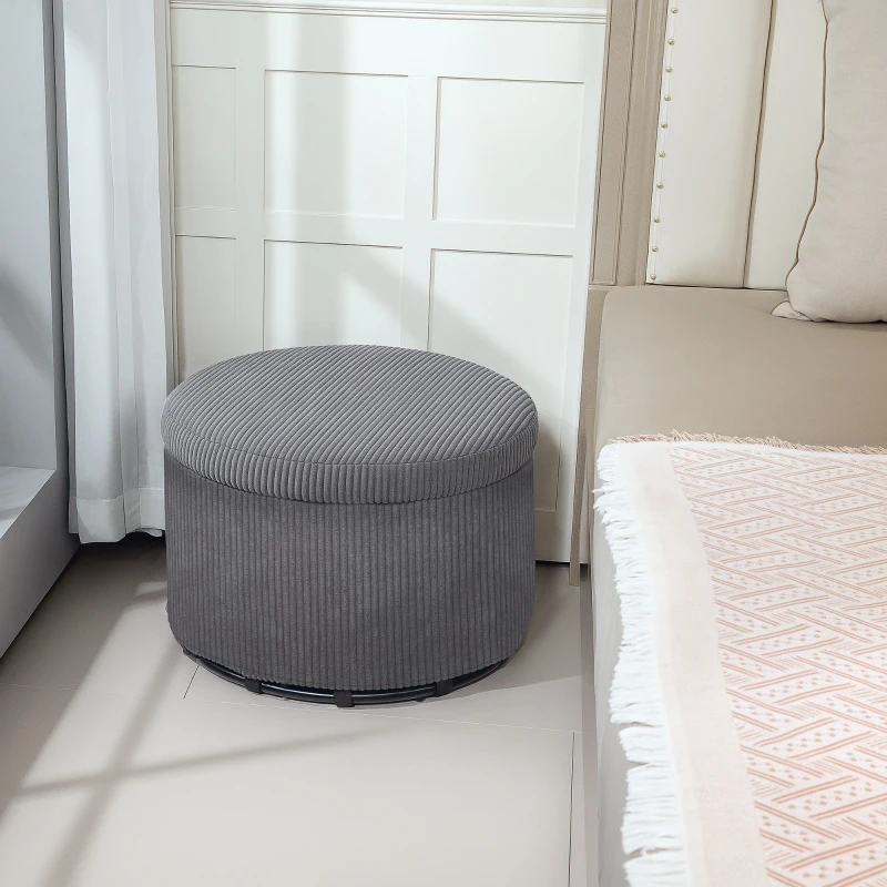 HOMCOM 24 Inches Round Storage Ottoman Stool with Lid, Upholstered Corduroy Foot Rest for Living Room, Bedroom, Gray