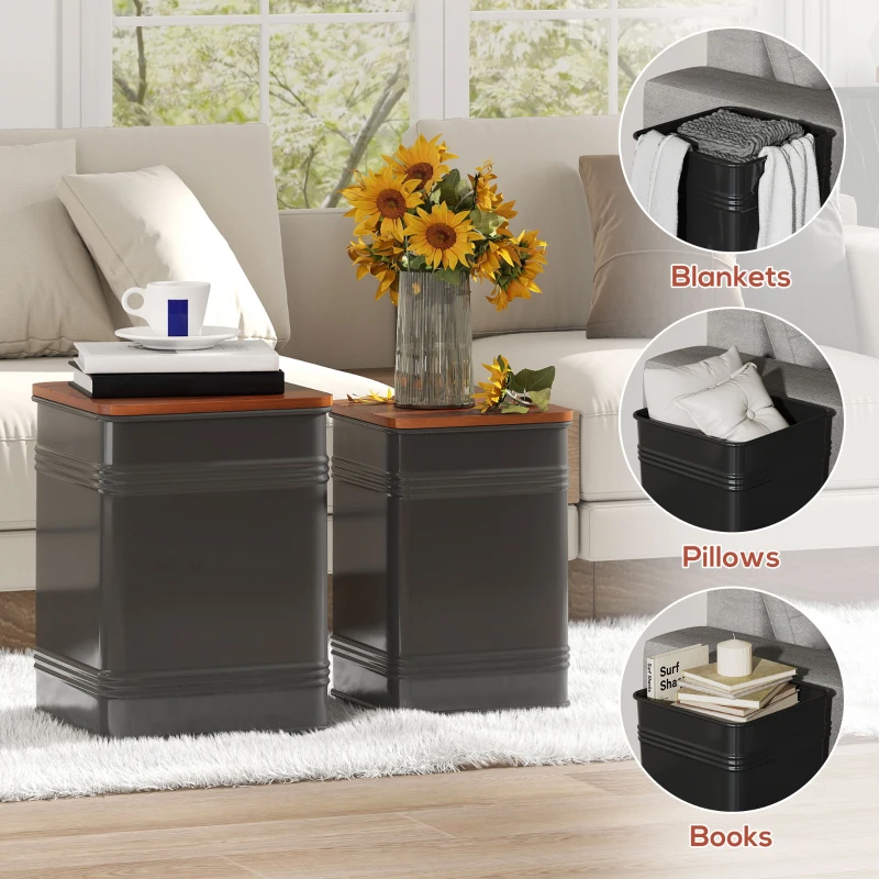 HOMCOM Ottoman with Storage Set of 2, Industrial Nesting Ottoman Stool with Removable Lid, Metal Frame for Living Room, Black