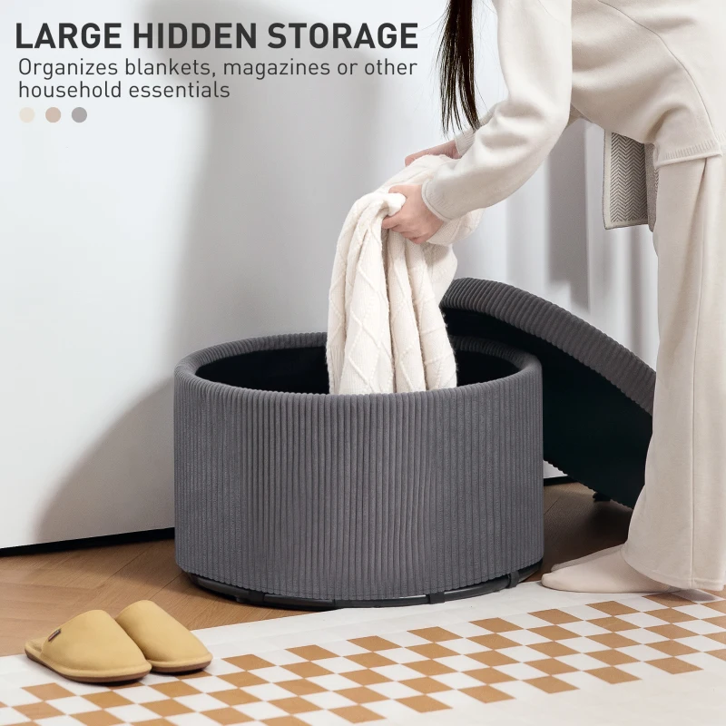 HOMCOM 24 Inches Round Storage Ottoman Stool with Lid, Upholstered Corduroy Foot Rest for Living Room, Bedroom, Gray