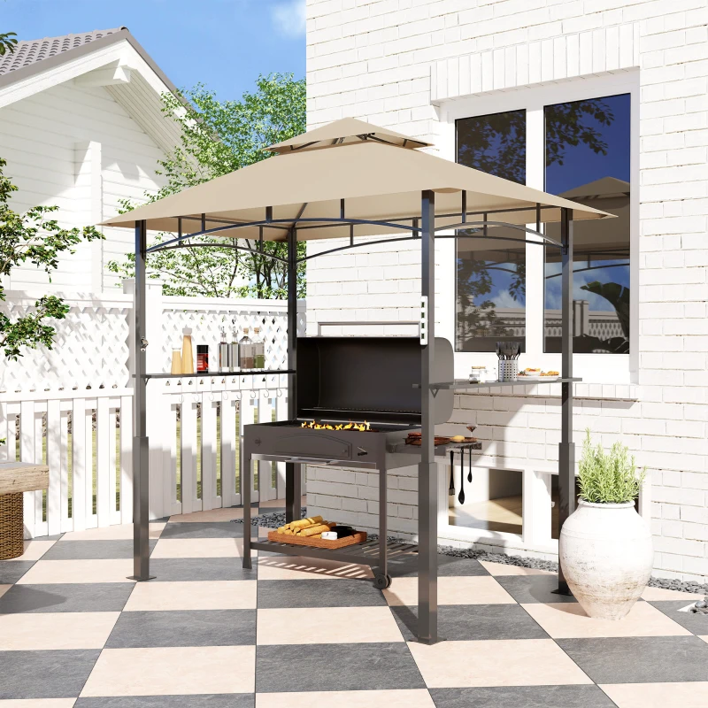 Outsunny 8' x 5' Outdoor Grill Gazebo, Barbecue Gazebo Shelter with LED Light, 2 Side Shelves, Hooks, Bottle Opener, Khaki