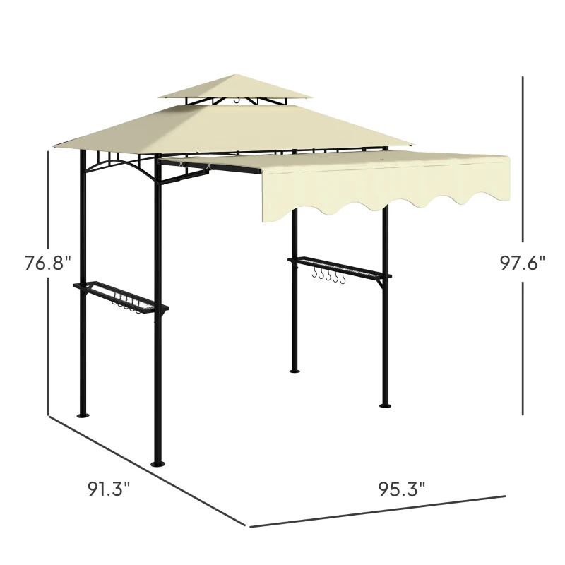 Outsunny 8' x 5' Outdoor Grill Gazebo, Barbecue Gazebo Shelter with Side Awning, 2 Side Shelves and 6 Hooks, Beige