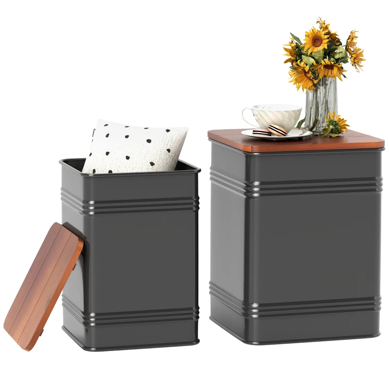 HOMCOM Ottoman with Storage Set of 2, Industrial Nesting Ottoman Stool with Removable Lid, Metal Frame for Living Room, Black