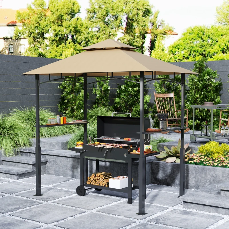 Outsunny 8' x 5' Outdoor Grill Gazebo, Barbecue Gazebo Shelter with LED Light, 2 Side Shelves, Hooks, Bottle Opener, Dark Brown