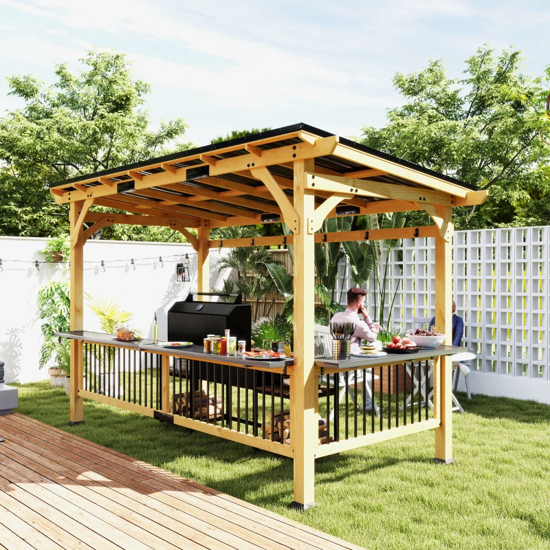 Outsunny 13' x 6' Wooden BBQ Grill Gazebo, Outdoor Hardtop Grill Gazebo with Metal Roof, 2 Bar Shelves and 6 Hooks, Natural