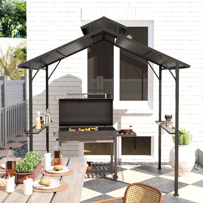 Outsunny 8 x 5ft Hardtop Grill Gazebo with Double Metal Roof, 2 Side Shelves and 10 Hooks for Patio Backyard Lawn Deck