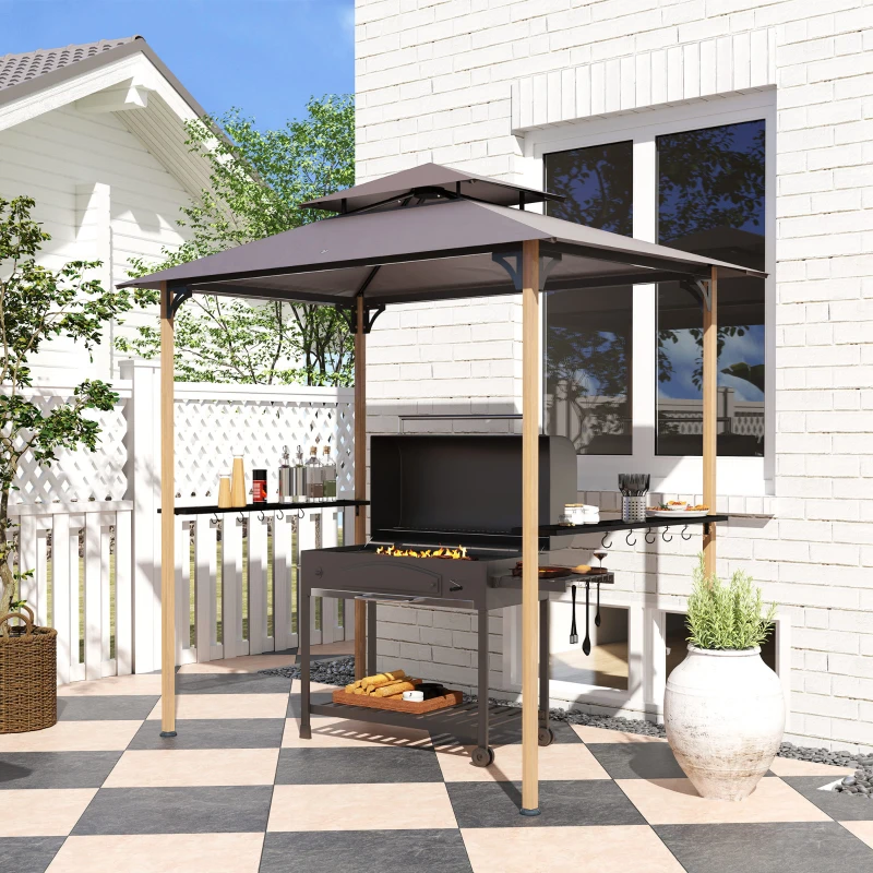 Outsunny 8' x 5' Grill Gazebo, Double Tiered Barbecue Grill Gazebo Shelter with 2 Side Shelves and 10 Hooks for Patio, Garden