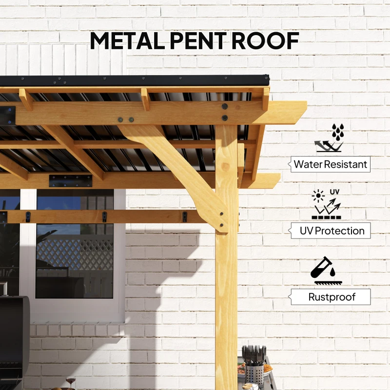 Outsunny 13' x 6' Wooden BBQ Grill Gazebo, Outdoor Hardtop Grill Gazebo with Metal Roof, 2 Bar Shelves and 6 Hooks, Natural