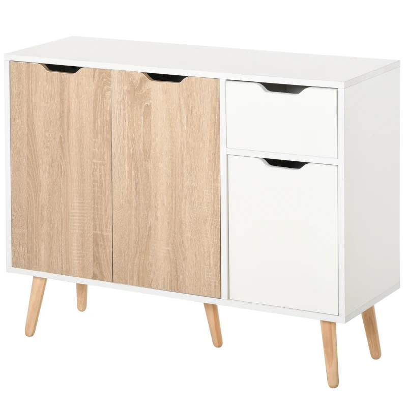 HOMCOM 35" Sideboard Storage Cabinet with Drawer, White and Nature Wood