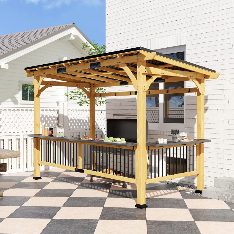 Outsunny 13' x 6' Wooden BBQ Grill Gazebo, Outdoor Hardtop Grill Gazebo with Metal Roof, 2 Bar Shelves and 6 Hooks, Natural