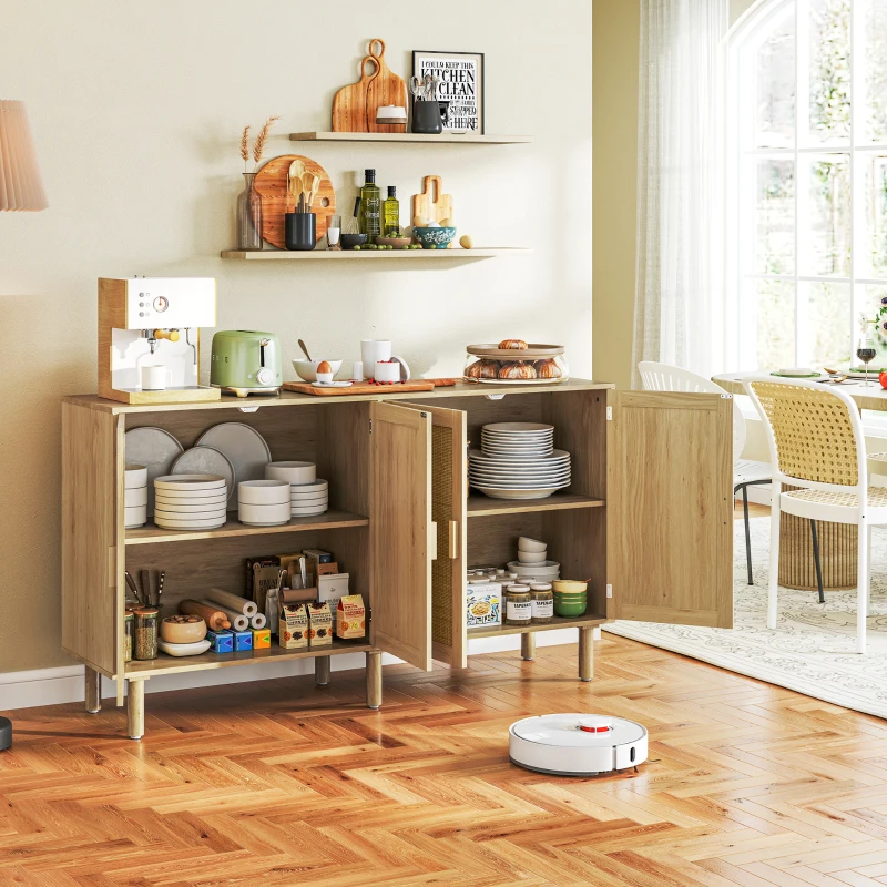 HOMCOM Bohemian Sideboard, 62.2" Buffet Cabinet with 4 Rattan Doors and Shelves for Living Room, Hallway, Natural