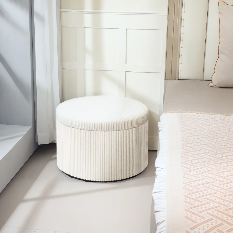 HOMCOM 24 Inches Round Storage Ottoman Stool with Lid, Upholstered Corduroy Foot Rest for Living Room, Bedroom, Beige