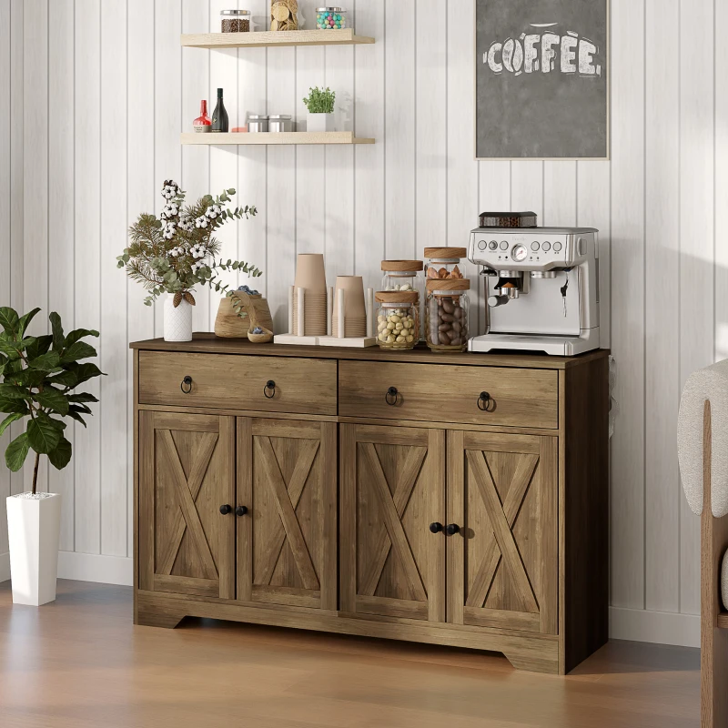 HOMCOM Kitchen Storage Sideboard, Farmhouse Buffet Cabinet with Barn Style Doors, Drawers, Adjustable Shelves, Light Brown
